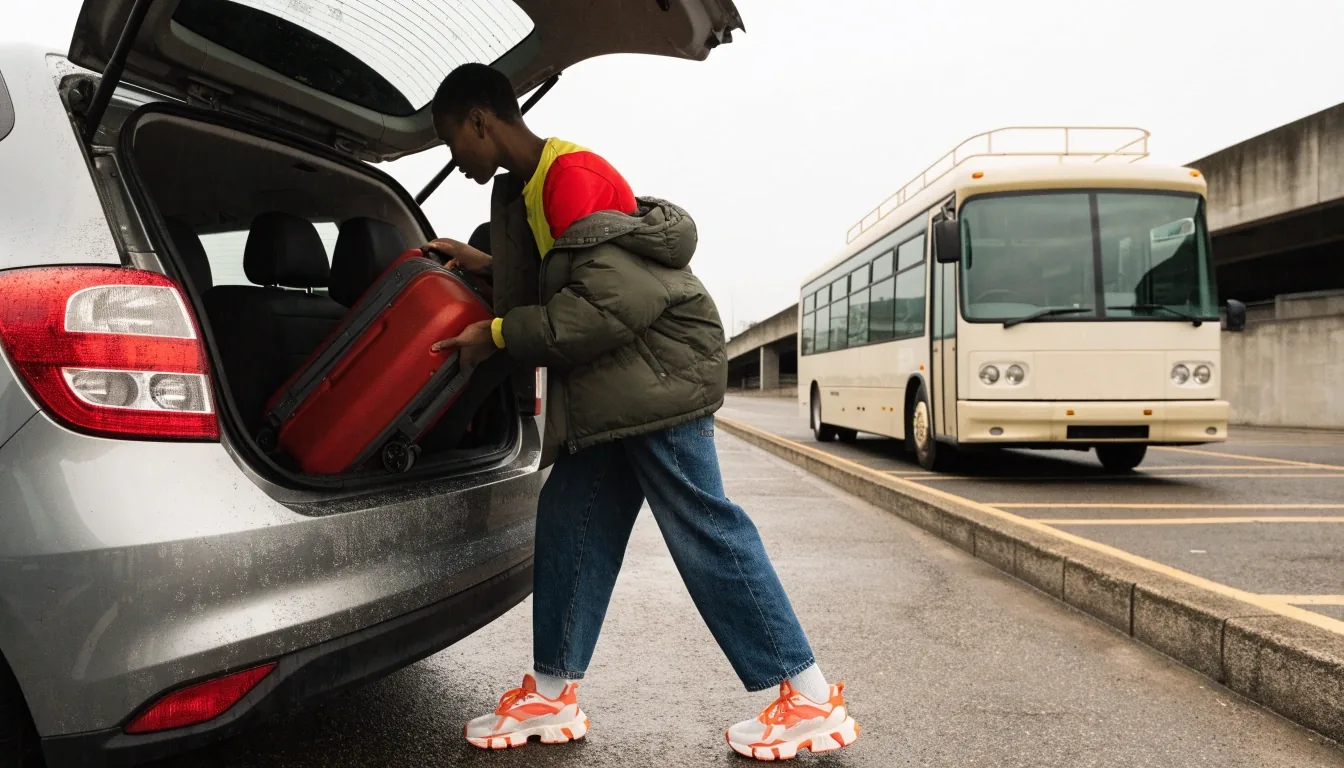 A traveller lifting a suitcase from the boot of a parked car on an open-air shuttle car park deck