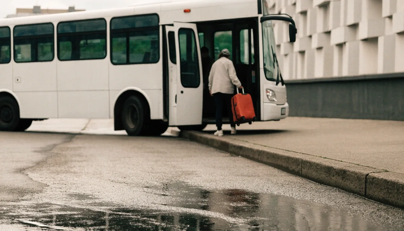 A shuttle bus waiting with its door open at a painted airport kerb bay