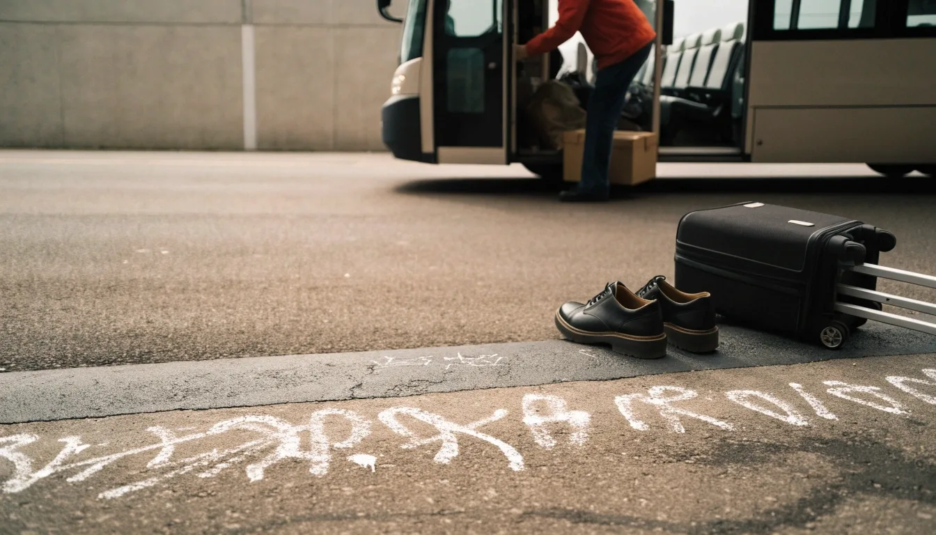 A shuttle bay kerb at a Brisbane airport car park on an overcast morning, with a suitcase wheel and shoes at the kerb edge