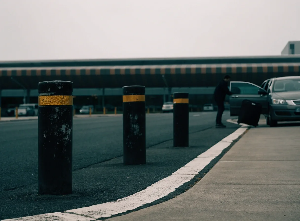 A kerbside pick-up zone at Brisbane Airport with kerb markings and a distant car door opening