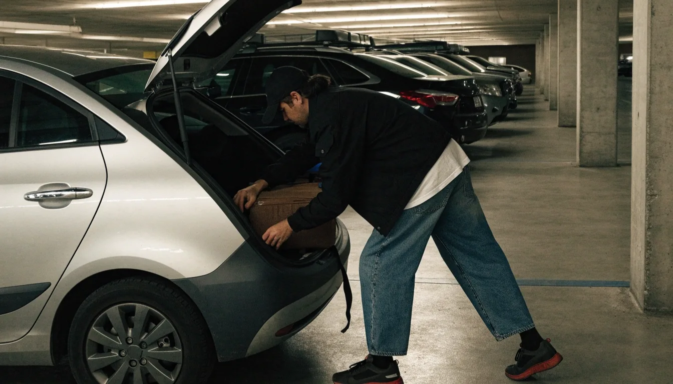 An undercover car park deck at Brisbane Airport with concrete ceiling ribs and a row of parked cars