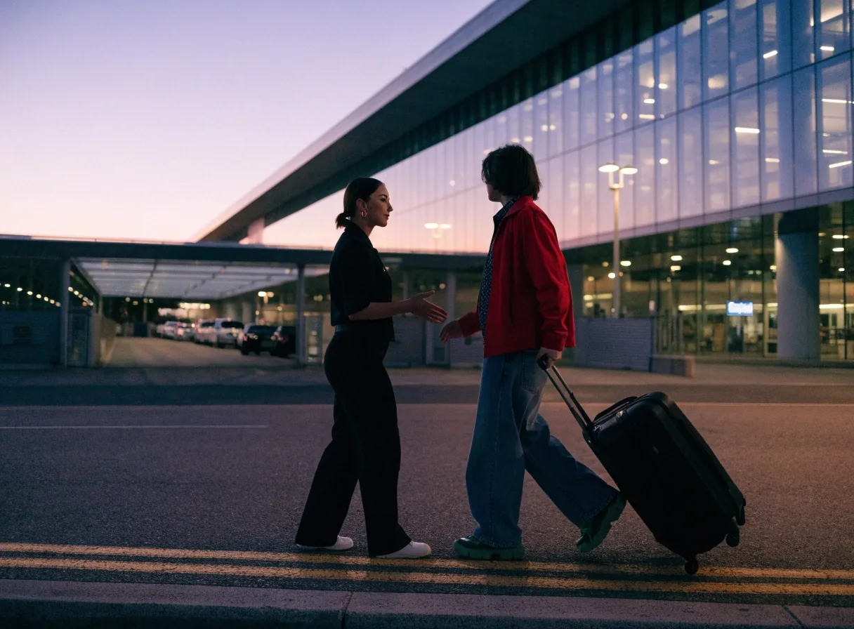 Brisbane Airport forecourt at dusk seen from across the road, drop-off lane and terminal glass in soft focus