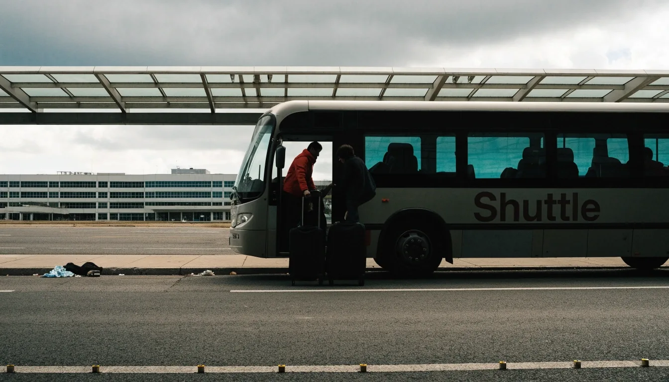 Shuttle bus waiting at a Brisbane Airport parking kerb under flat overcast light