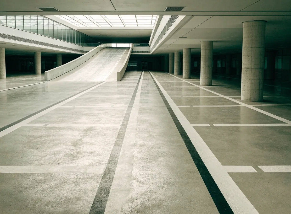 Empty Level 2 deck of the airport car park with painted bay stripes and a ramp curve under flat overcast light