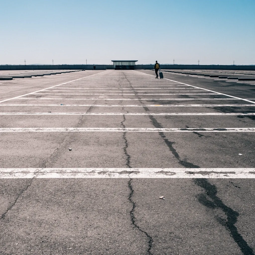 Empty open-air long-stay parking row with long bay stripes under flat midday light