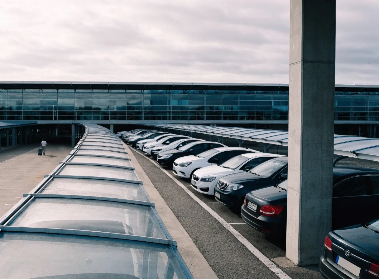 Level 2 deck of the Brisbane Airport domestic car park, painted bays and a section pillar under even overcast light