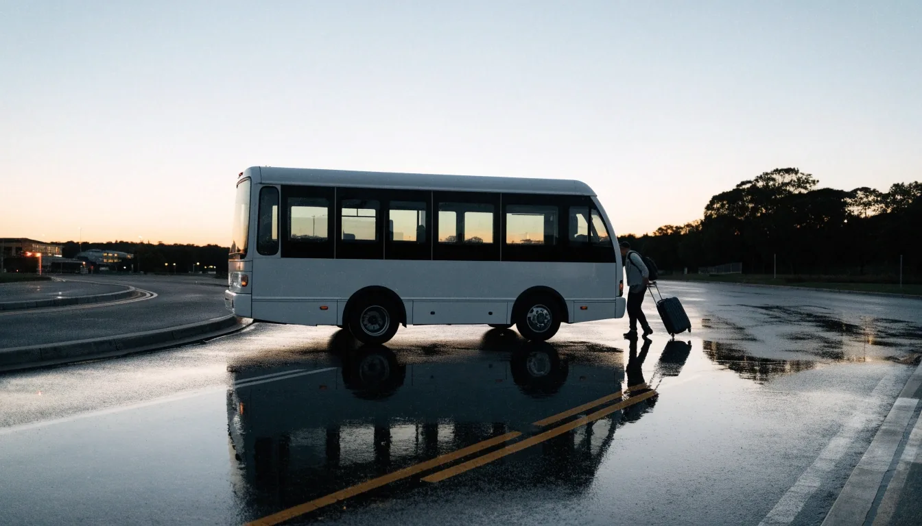 Shuttle bus turning on the wet approach lane of a Brisbane airport car park at dusk