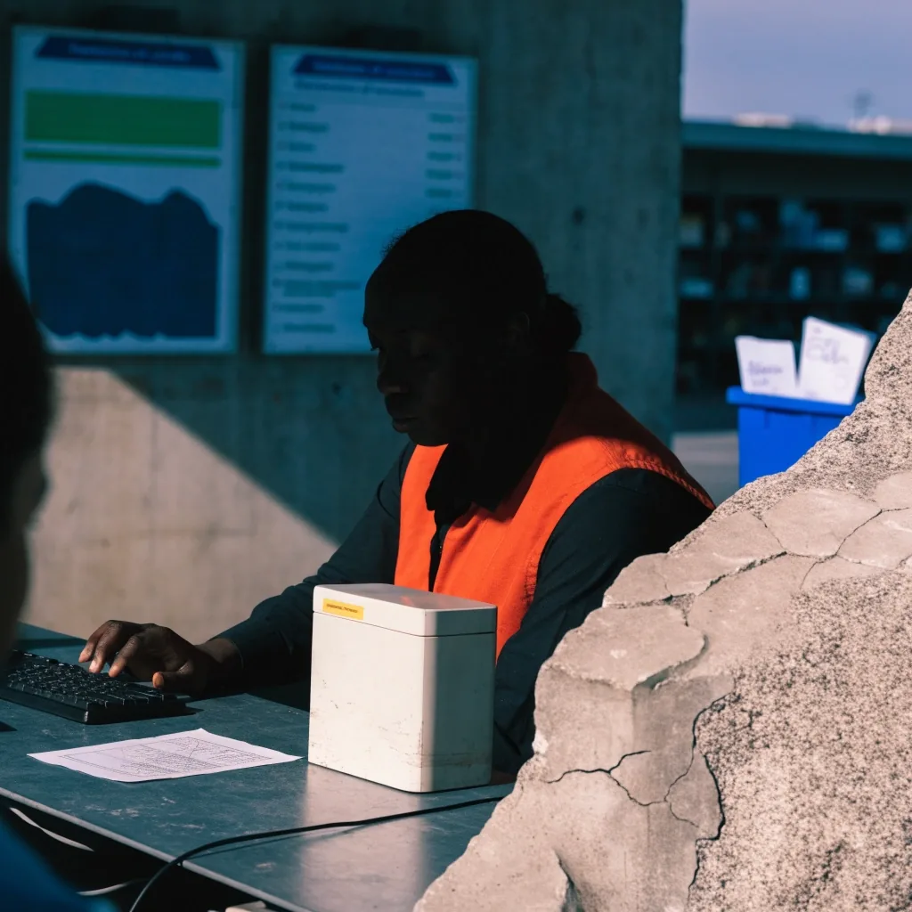 Ticket machine housing and concrete pillar base in an airport car park, flat even light