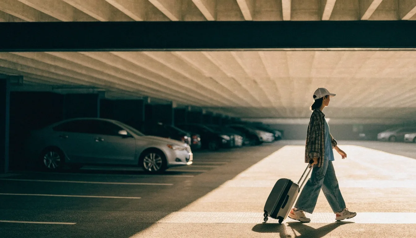 Undercover car park deck interior with concrete ceiling ribs and a row of parked cars