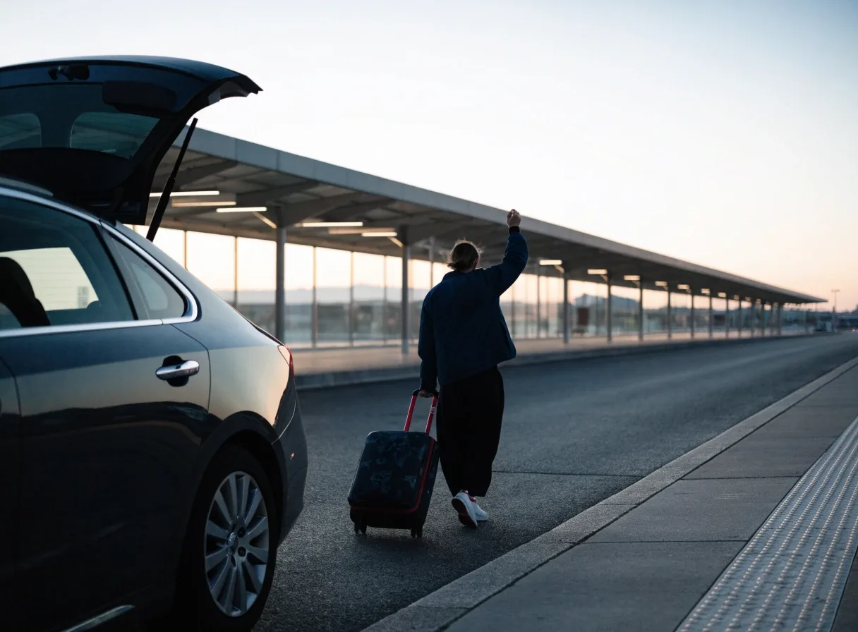 A car pulled into an airport kerbside drop-off zone with a suitcase being unloaded at the pavement