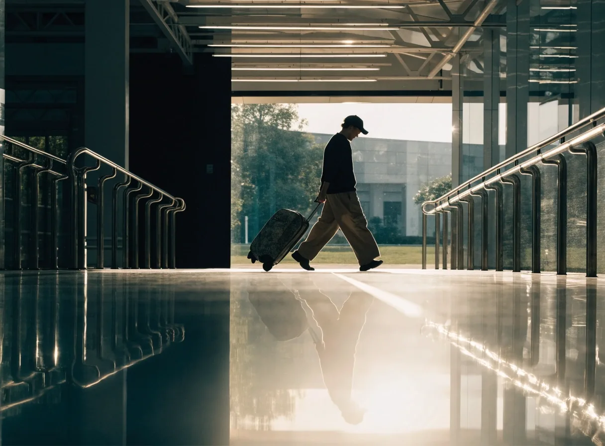 A covered walkway corridor leading from an airport car park toward the terminal with overhead light bands