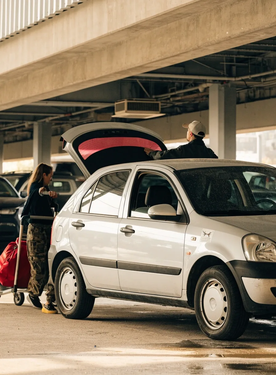 A traveller lifting a suitcase from a car boot onto a trolley in an airport car park under a covered deck