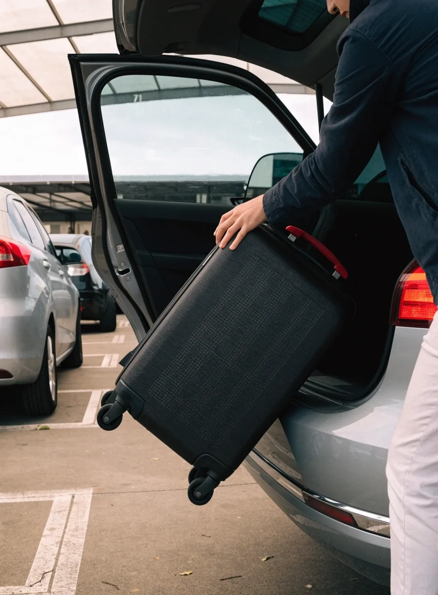 A row of hire cars parked in marked bays at an airport car hire forecourt under a canopy