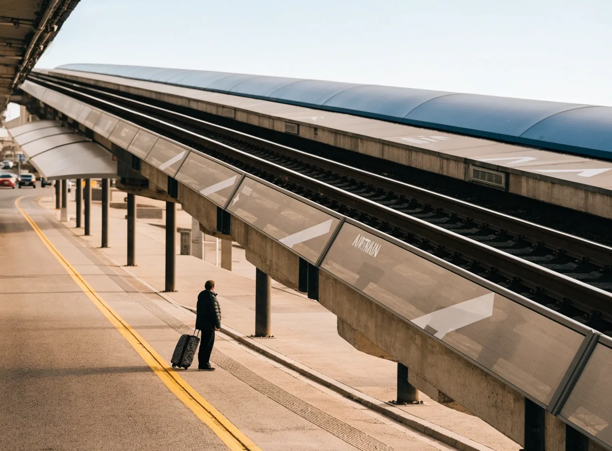 Airport kerbside lane with a painted yellow line, covered walkway and one traveller waiting with a suitcase