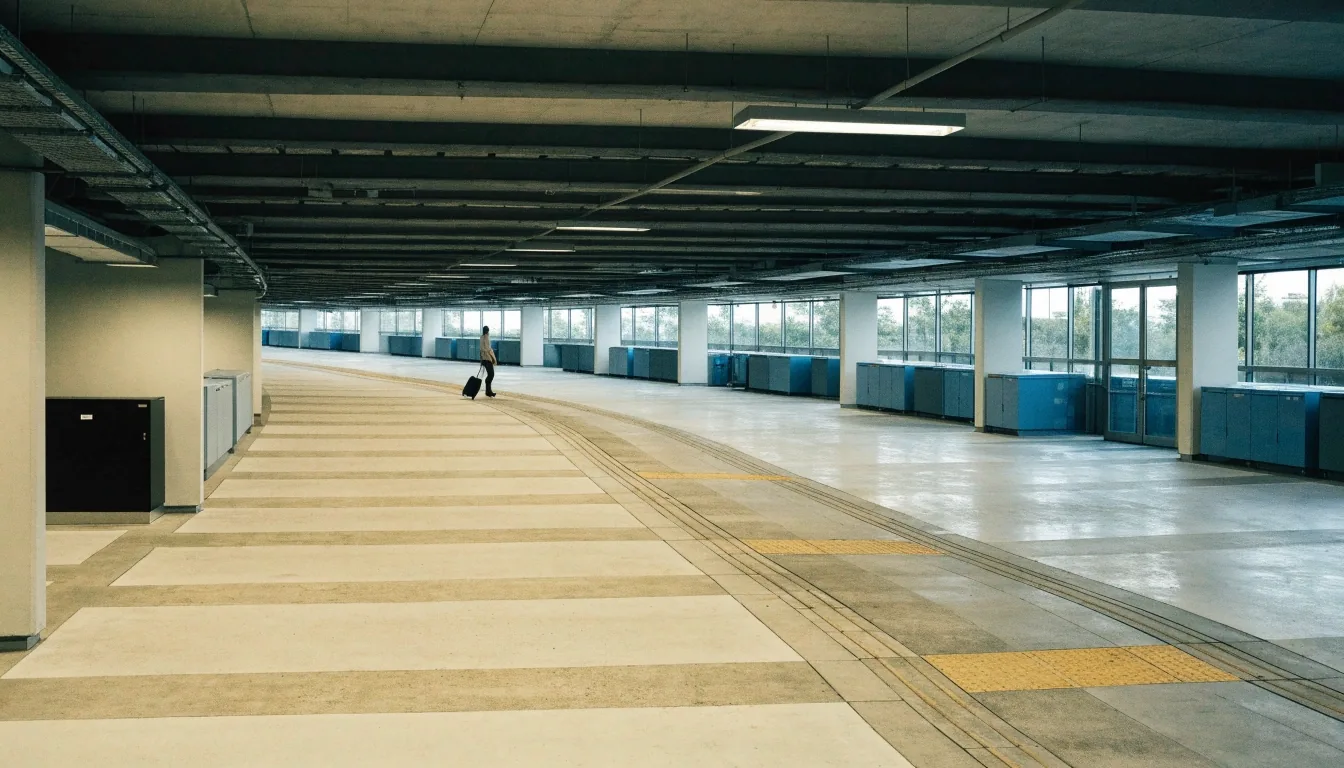 Airport car park deck with painted bays, ramp curve and a traveller with a suitcase at mid-distance