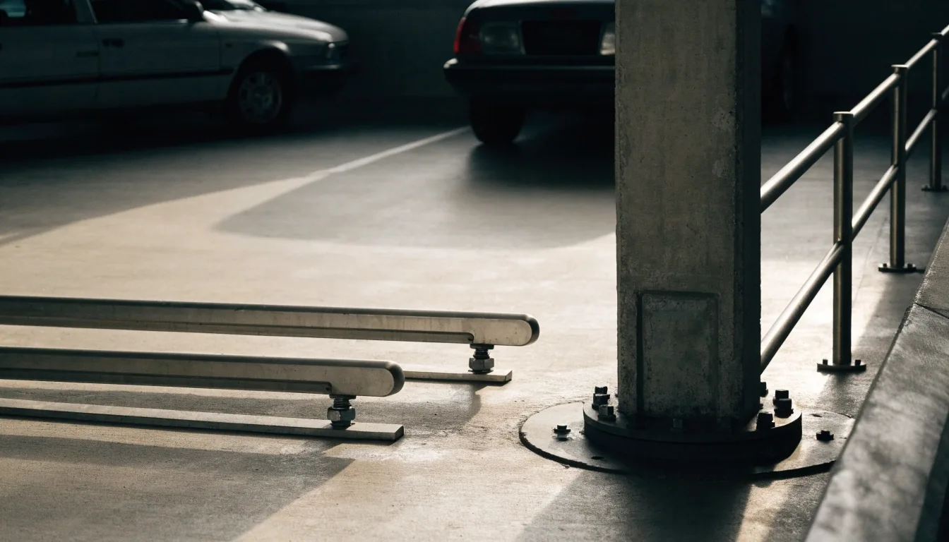 Covered car park interior with concrete ceiling ribs and a single row of parked cars seen from a low angle