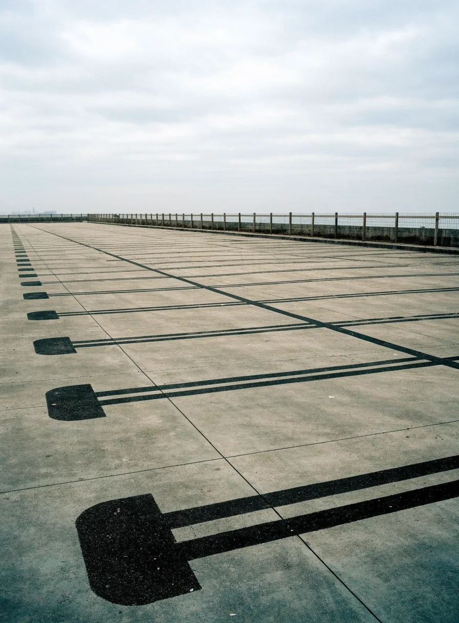 Open-air long-stay car park at midday with marked empty bays and a boundary fence