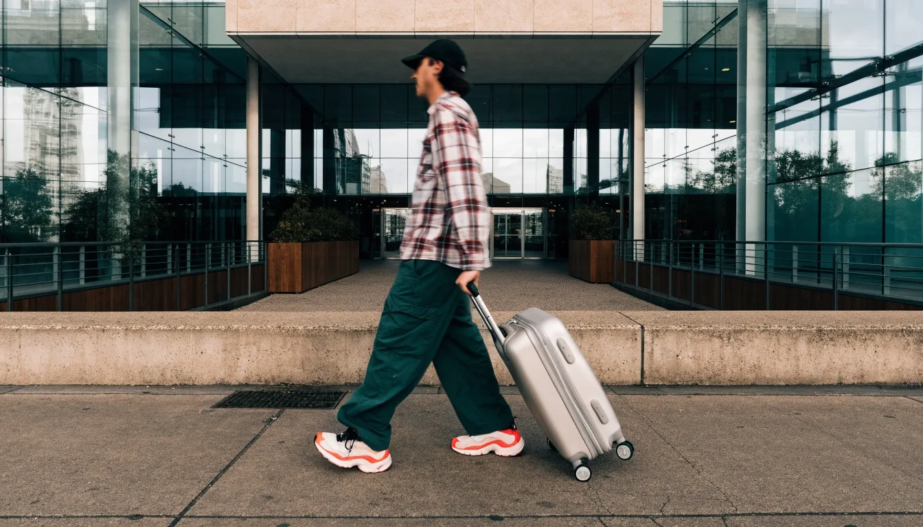 Kerbside walkway between the car park and the terminal entrance with a traveller mid-step