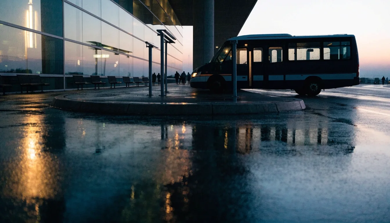 Shuttle bus waiting at a kerbside transfer bay on wet tarmac at dusk